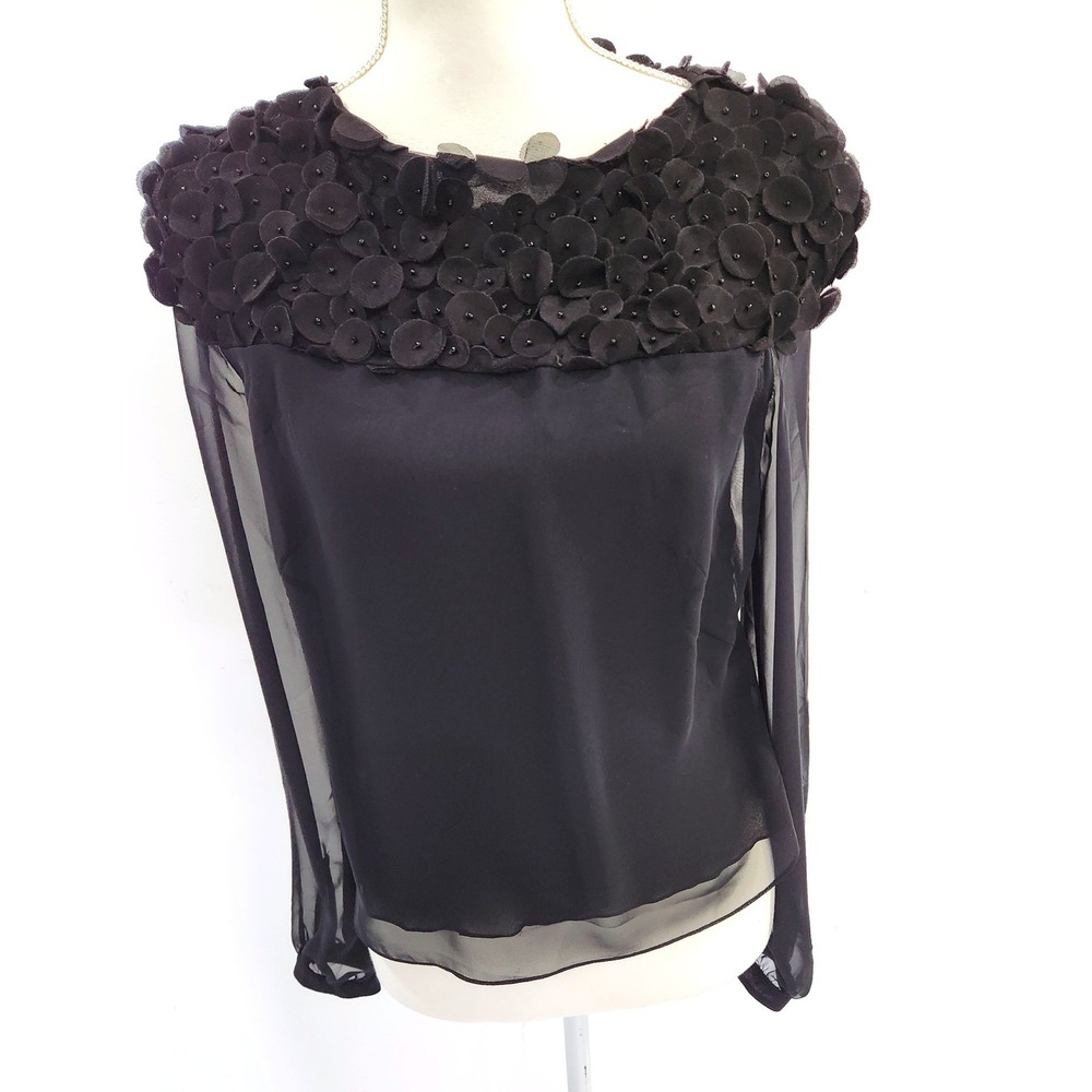 Akris Punto Black 3D Floral Beaded Mesh Applique Sheer Blouse Top US 6